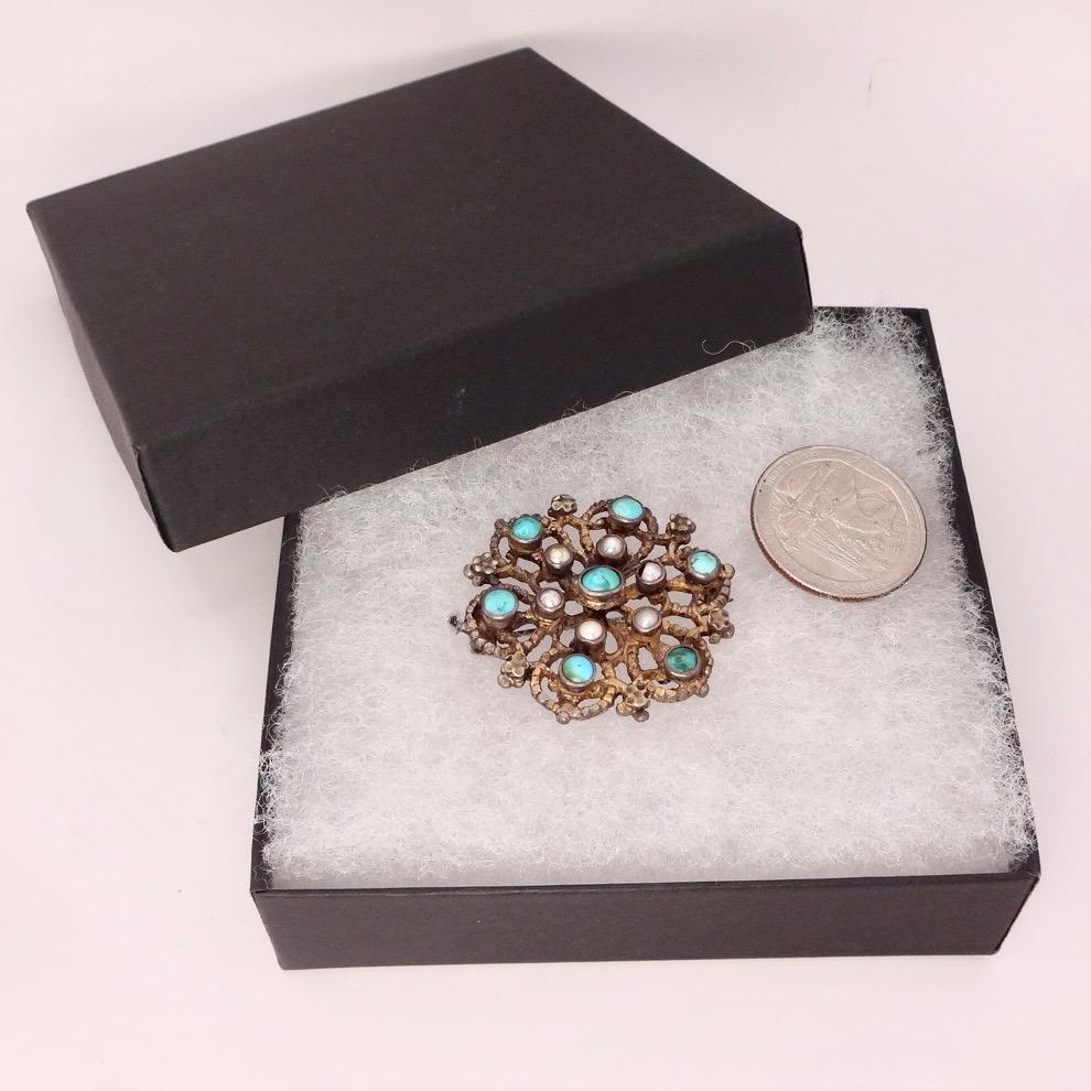 Vintage Austrio Hungarian Turquoise Flower 925 Sterling Silver Brooch Pin
