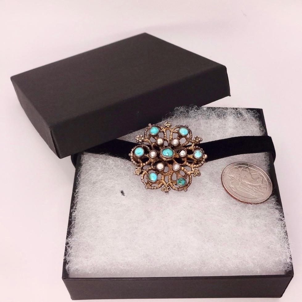 Vintage Austrio Hungarian Turquoise Flower 925 Sterling Silver Brooch Pin