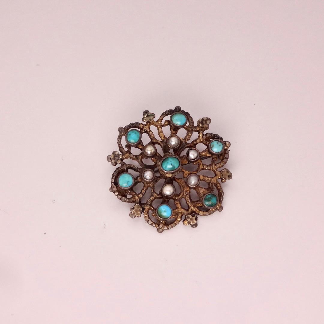 Vintage Austrio Hungarian Turquoise Flower 925 Sterling Silver Brooch Pin