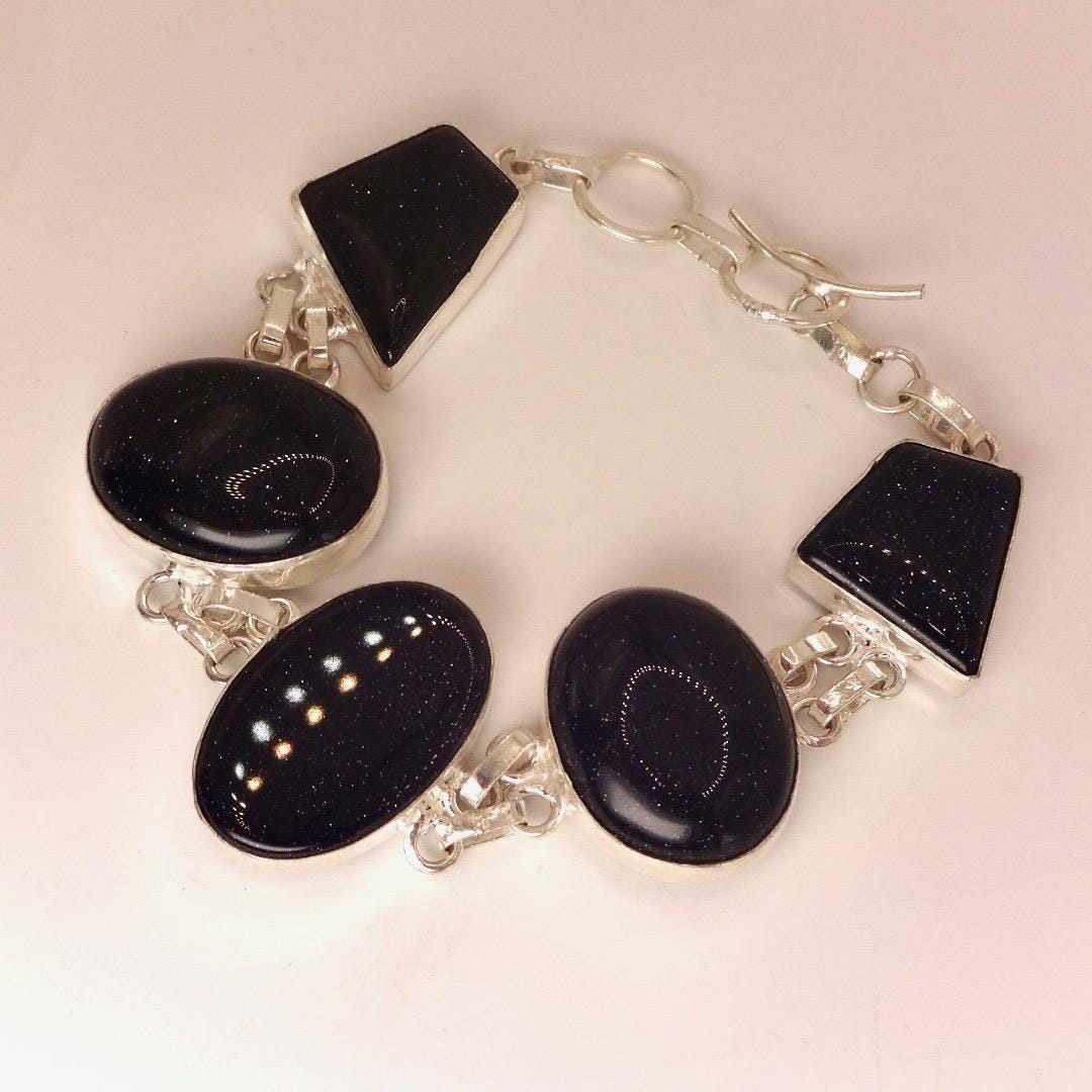 Vintage Black Goldstone Silver Chunky Boho Bracelet