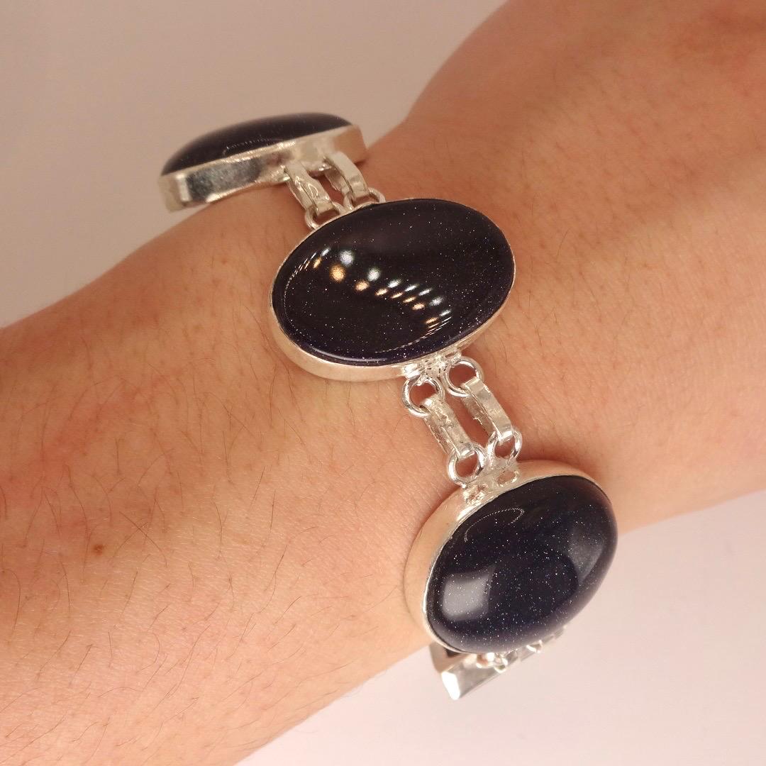 Vintage Black Goldstone Silver Chunky Boho Bracelet