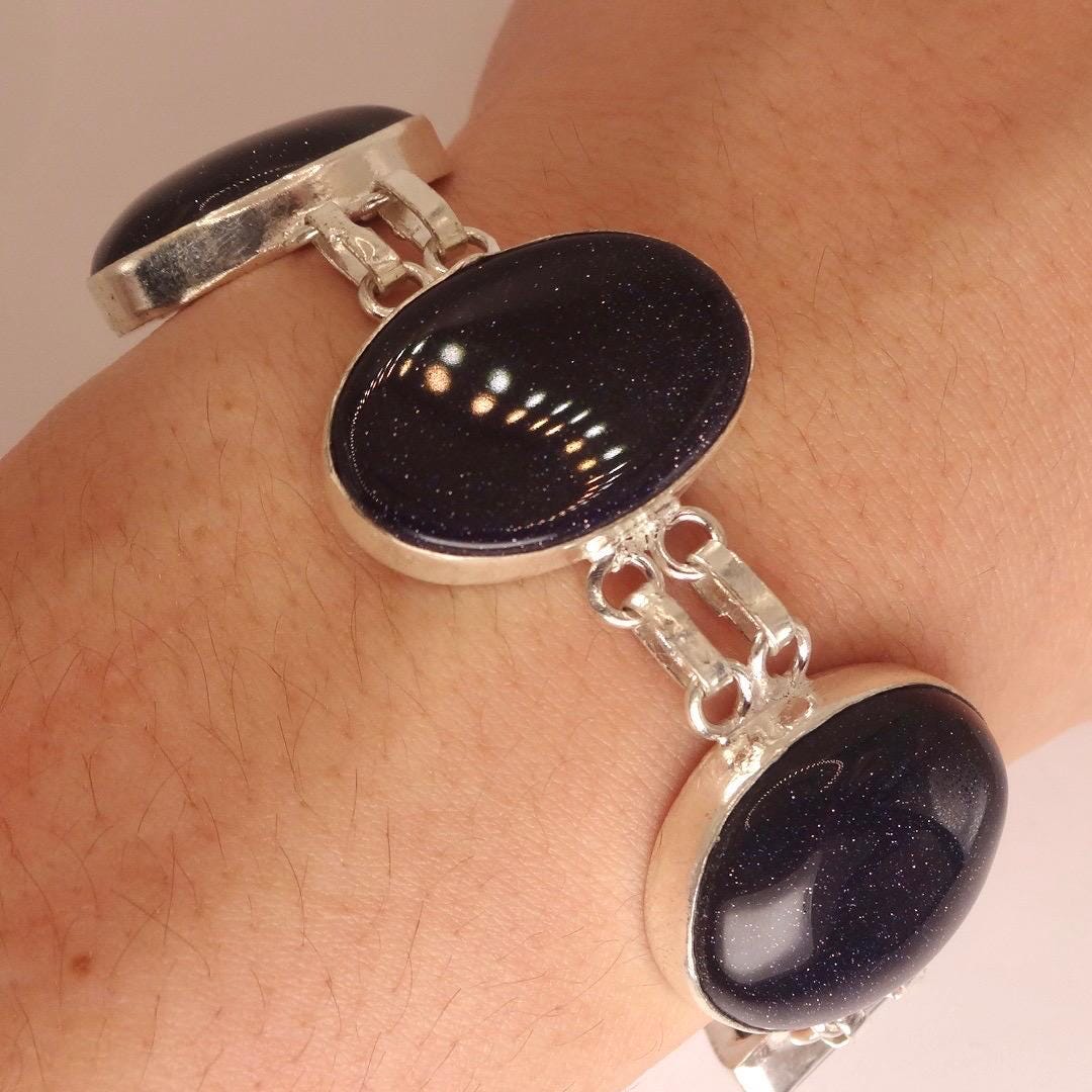 Vintage Black Goldstone Silver Chunky Boho Bracelet