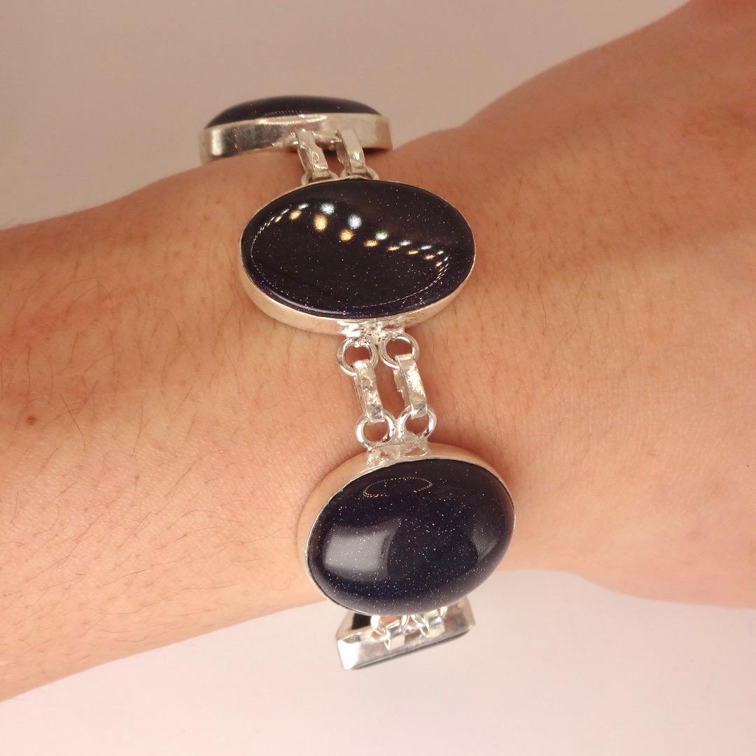 Vintage Black Goldstone Silver Chunky Boho Bracelet