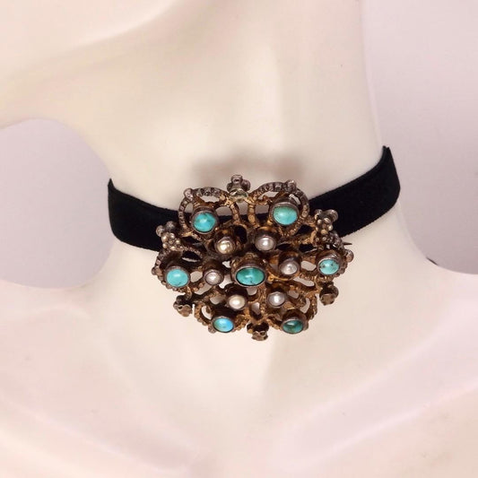 Vintage Austrio Hungarian Turquoise Flower 925 Sterling Silver Brooch Pin