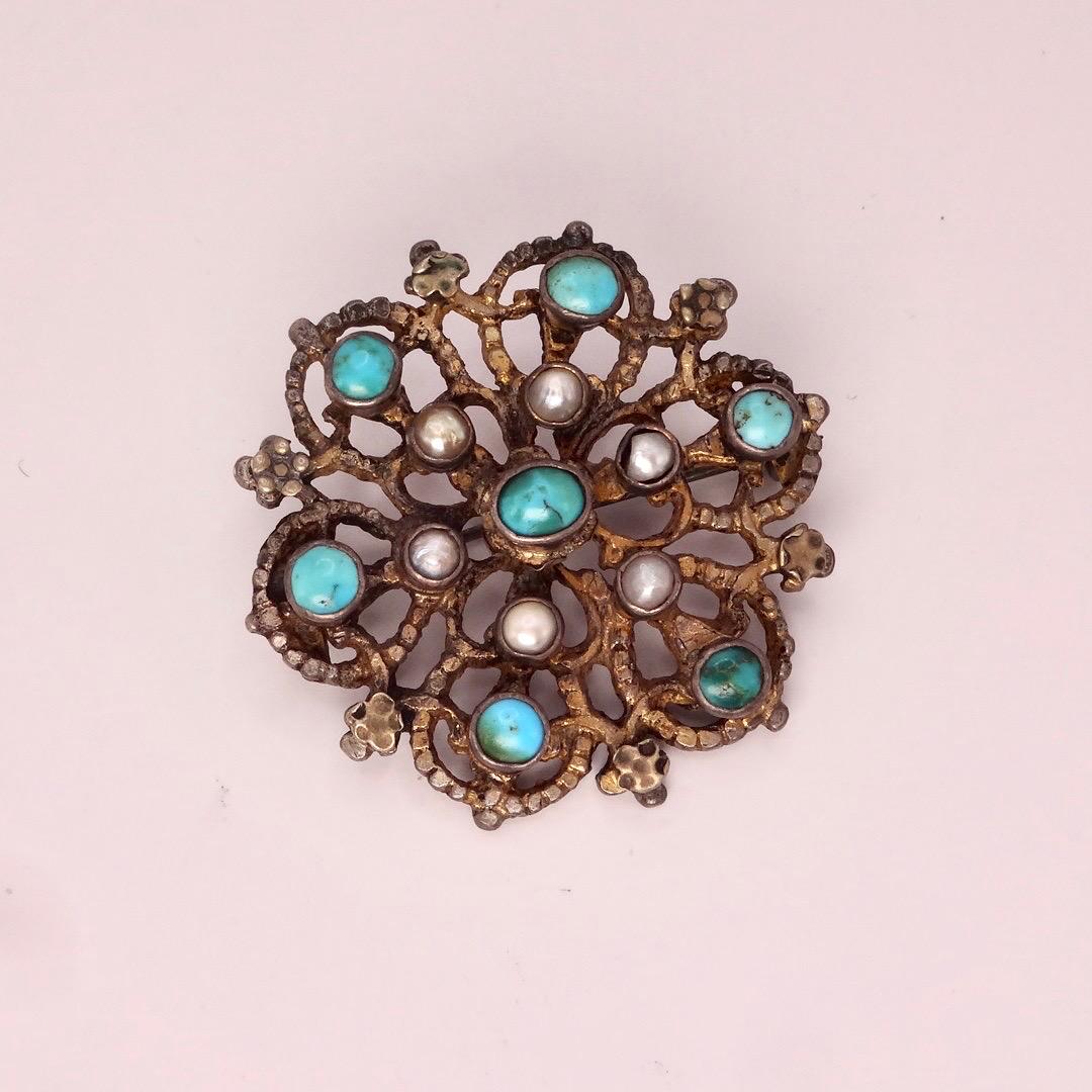 Vintage Austrio Hungarian Turquoise Flower 925 Sterling Silver Brooch Pin