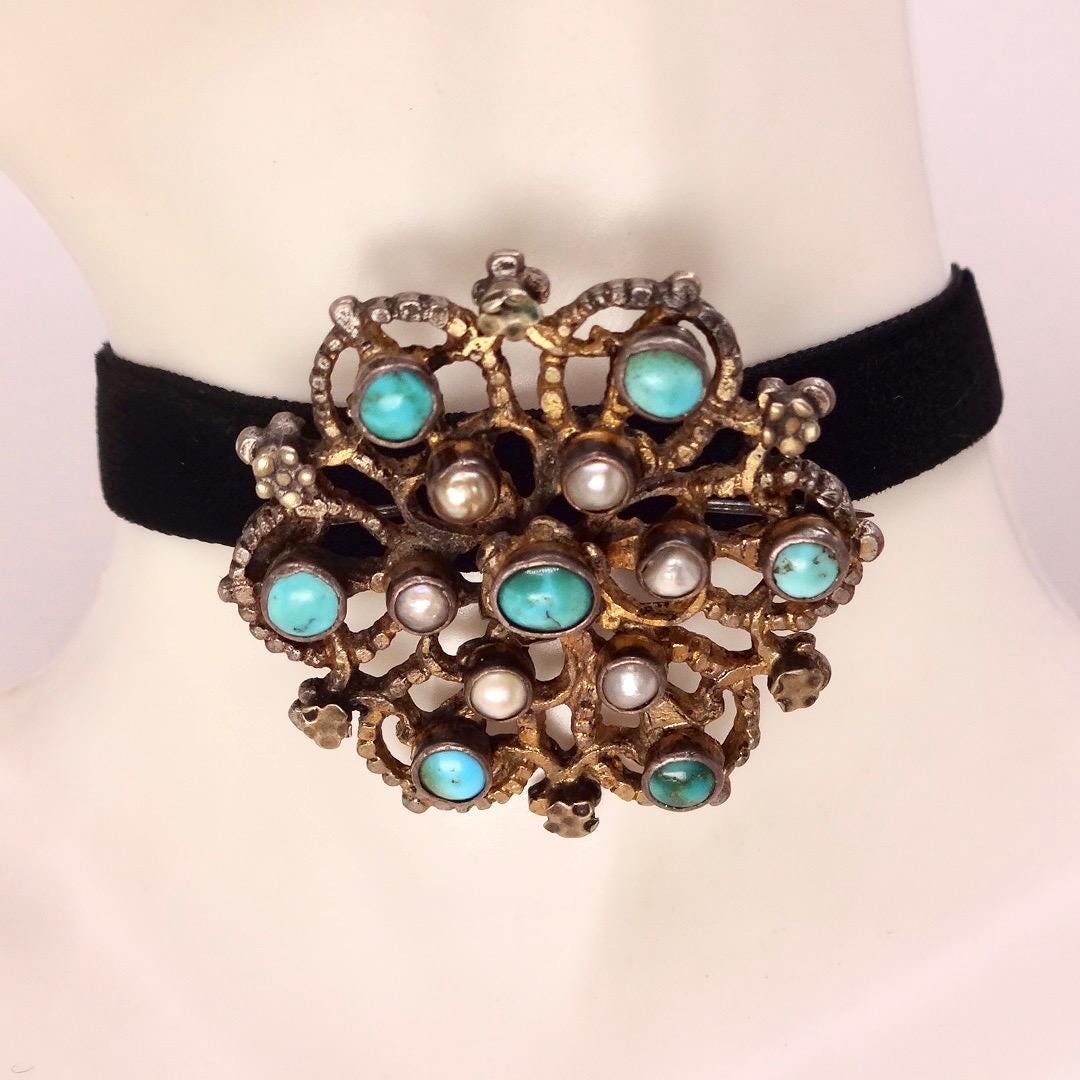 Vintage Austrio Hungarian Turquoise Flower 925 Sterling Silver Brooch Pin