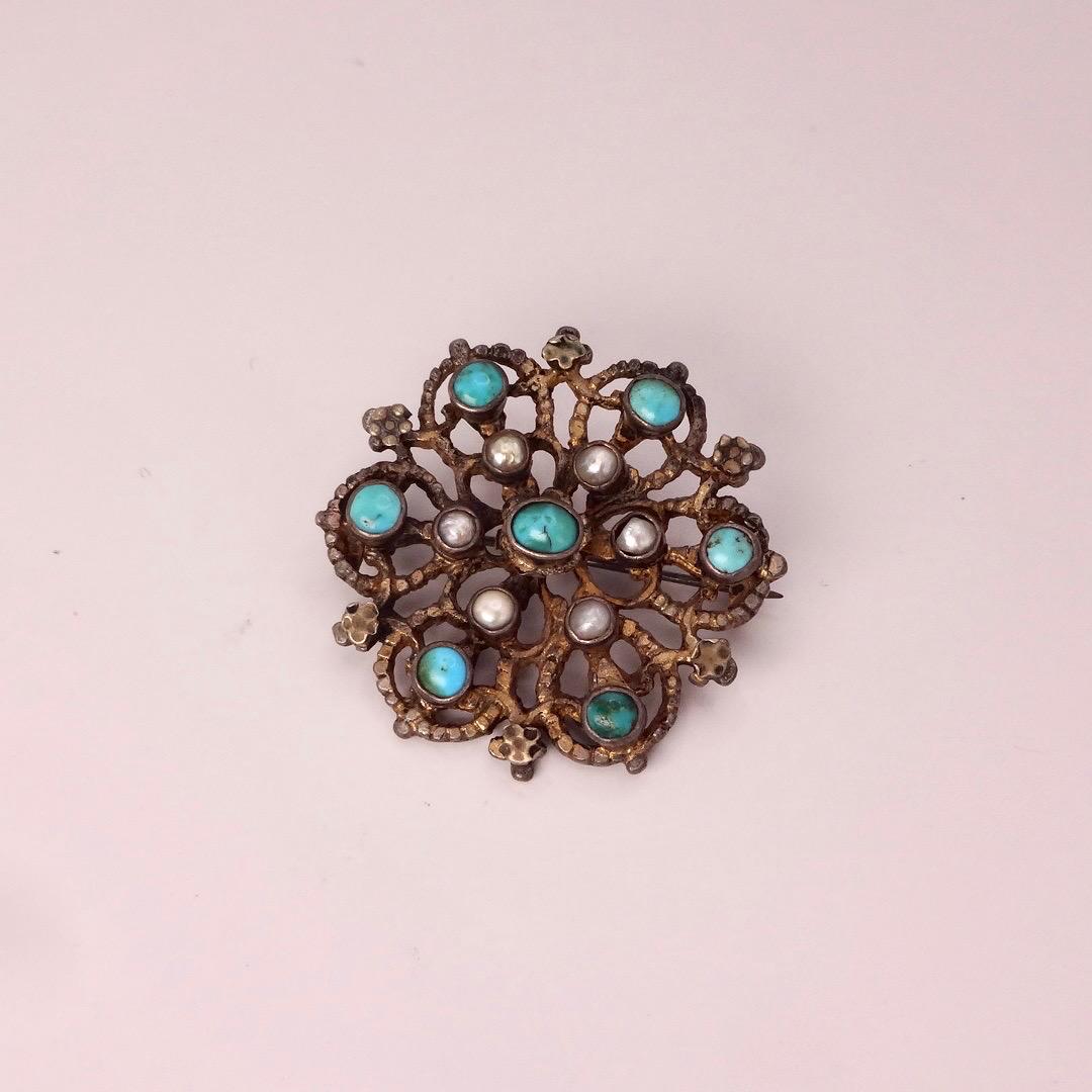 Vintage Austrio Hungarian Turquoise Flower 925 Sterling Silver Brooch Pin