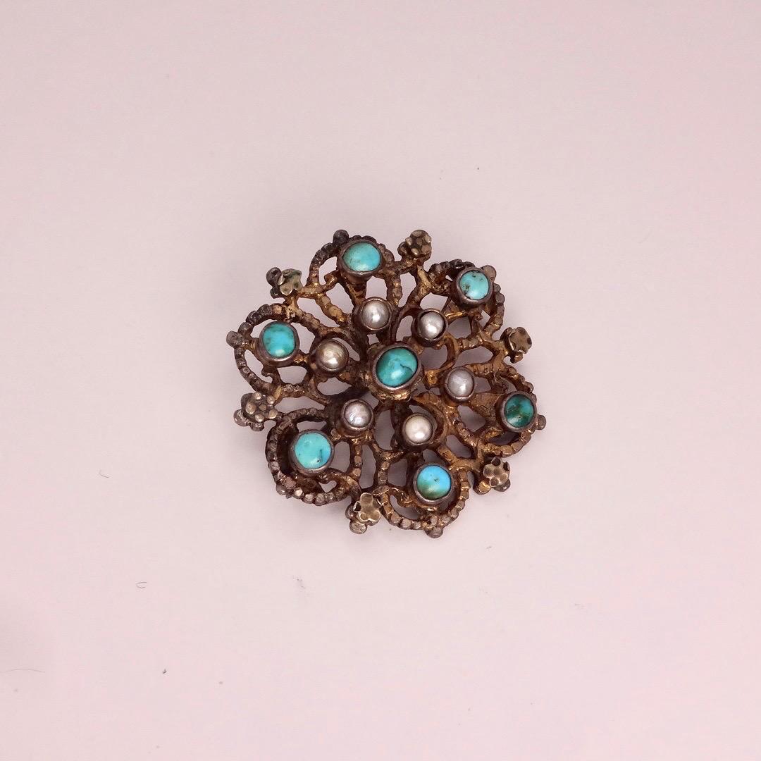 Vintage Austrio Hungarian Turquoise Flower 925 Sterling Silver Brooch Pin
