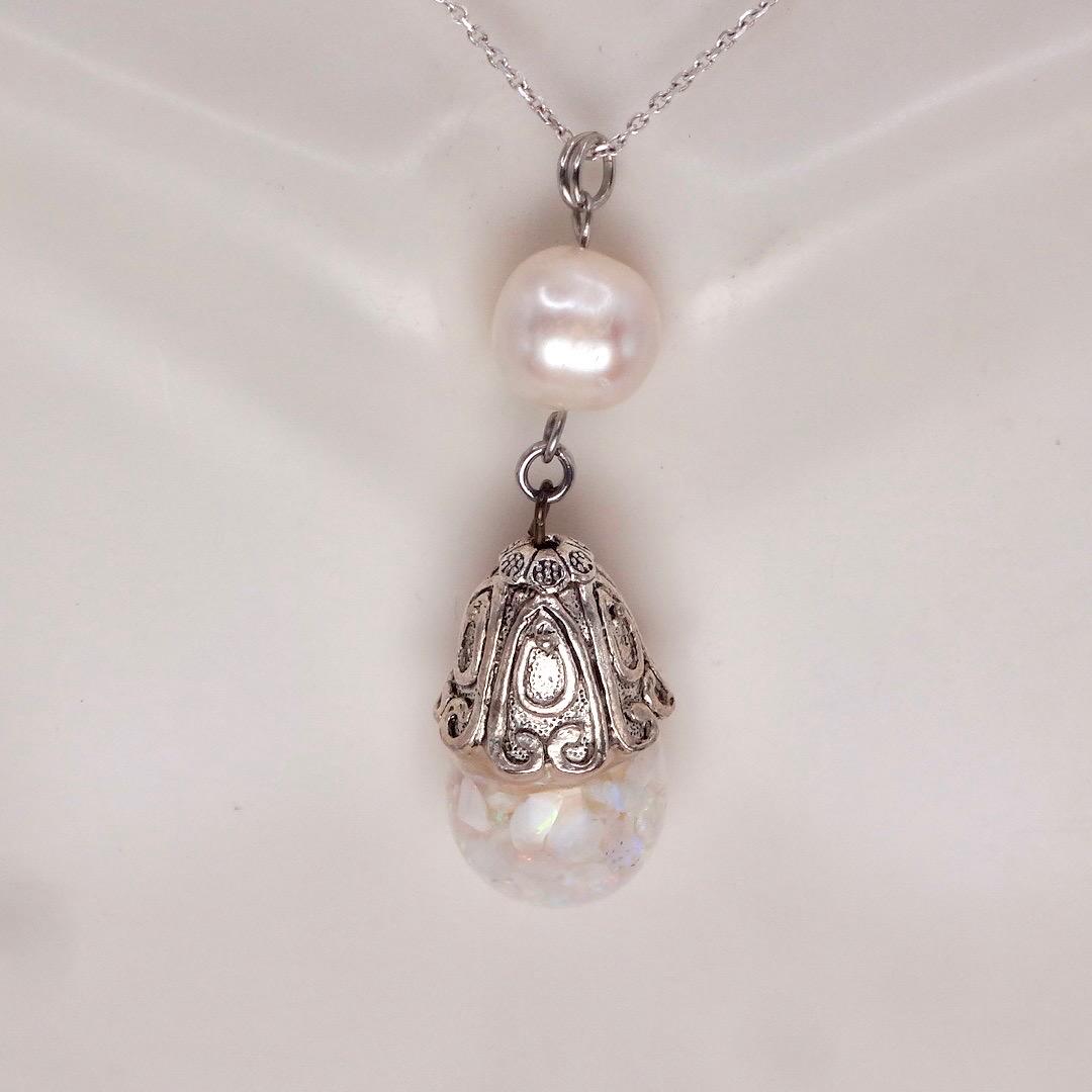 Vintage White Floating Opal Choker 925 Sterling Silver Chain Necklace Choker