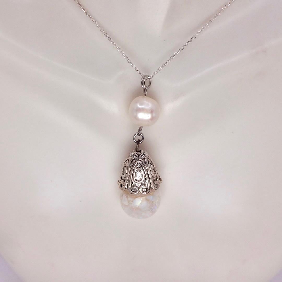 Vintage White Floating Opal Choker 925 Sterling Silver Chain Necklace Choker