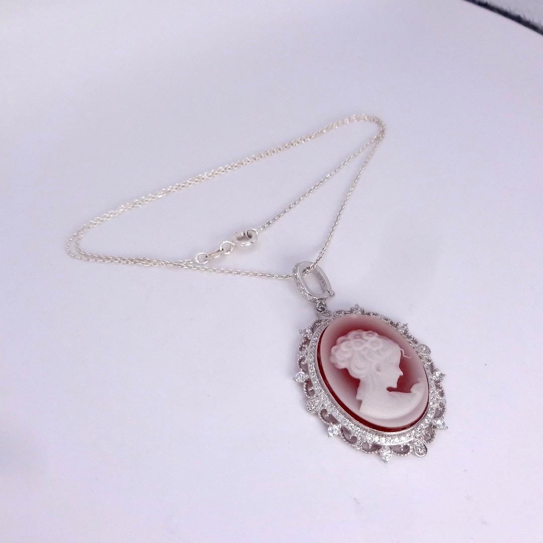 Vintage Red Onyx Cameo 925 Sterling silver Necklace Choker
