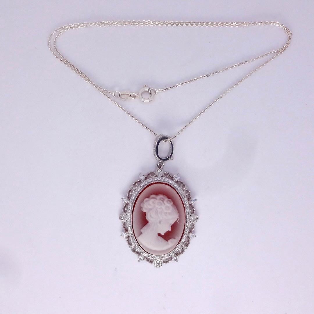 Vintage Red Onyx Cameo 925 Sterling silver Necklace Choker