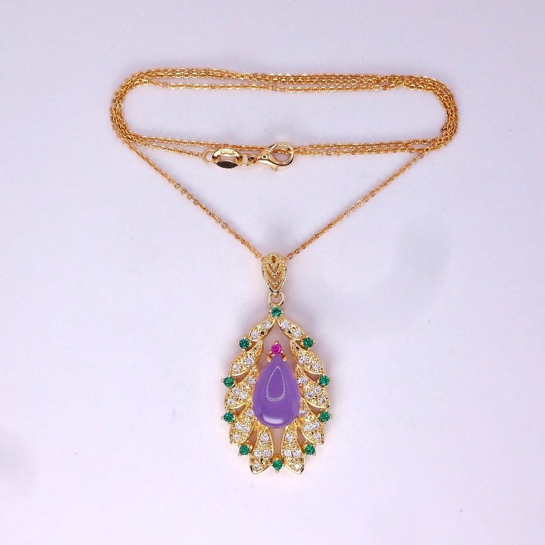 Vintage Lavender Jade Choker Golden Bronze Necklace Pendant