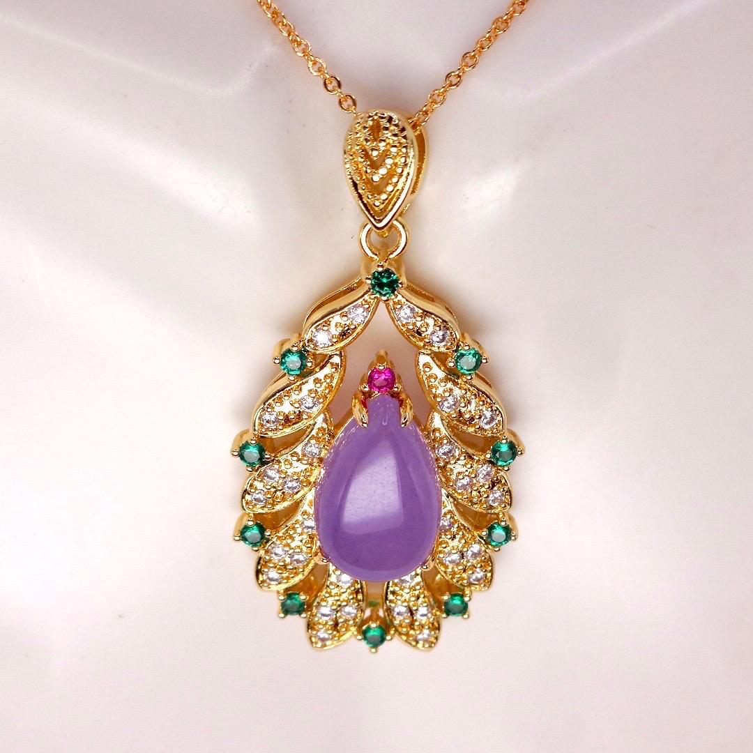 Vintage Lavender Jade Choker Golden Bronze Necklace Pendant