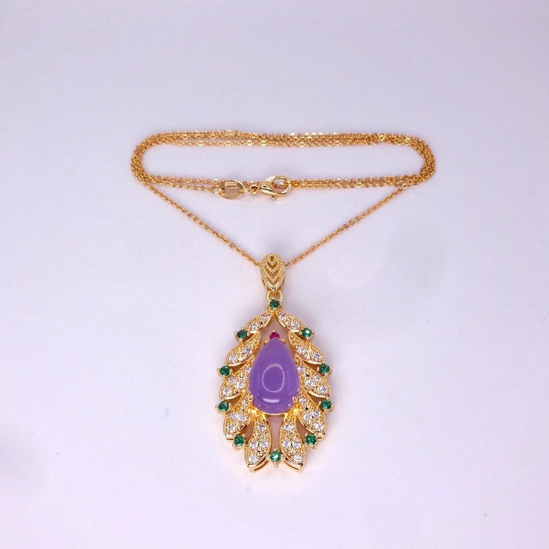 Vintage Lavender Jade Choker Golden Bronze Necklace Pendant
