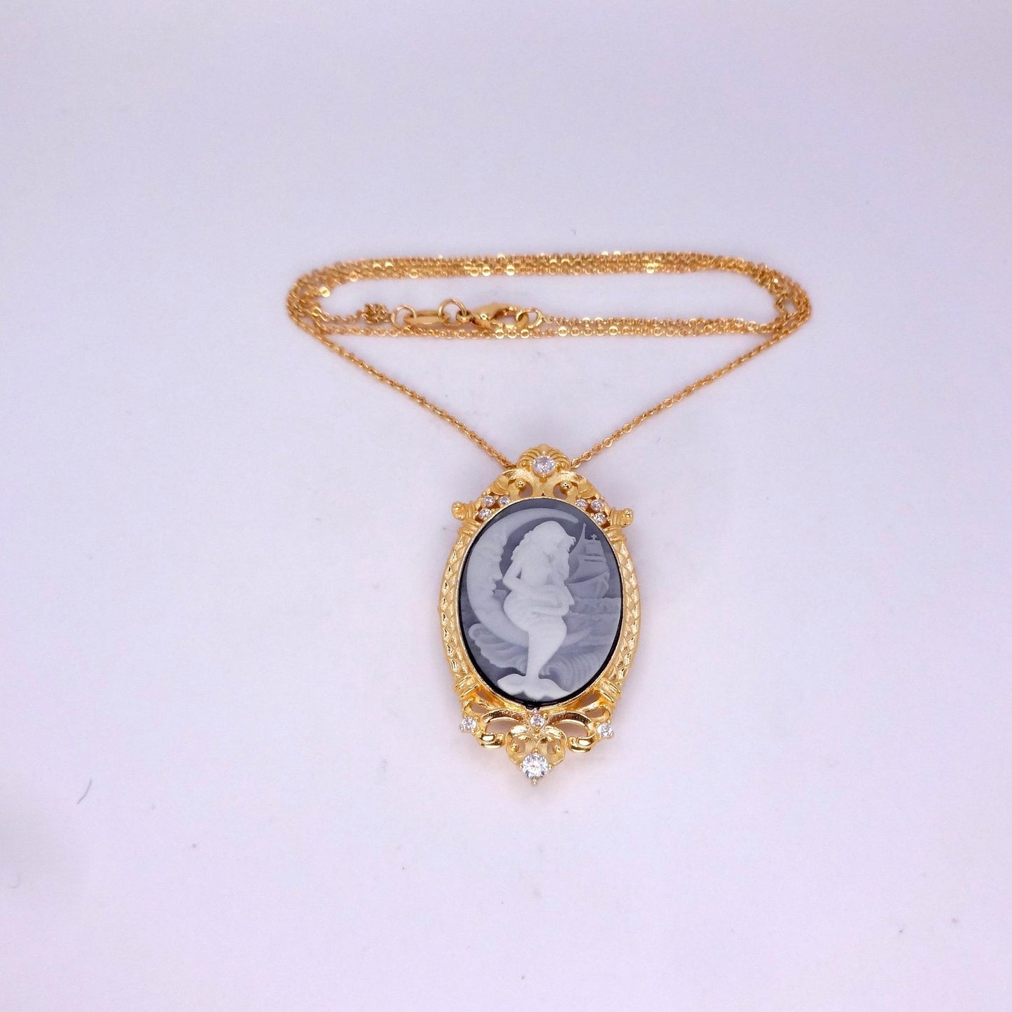 Vintage Black Onyx Mermaid Cameo Golden Sterling Silver Necklace Choker Pin