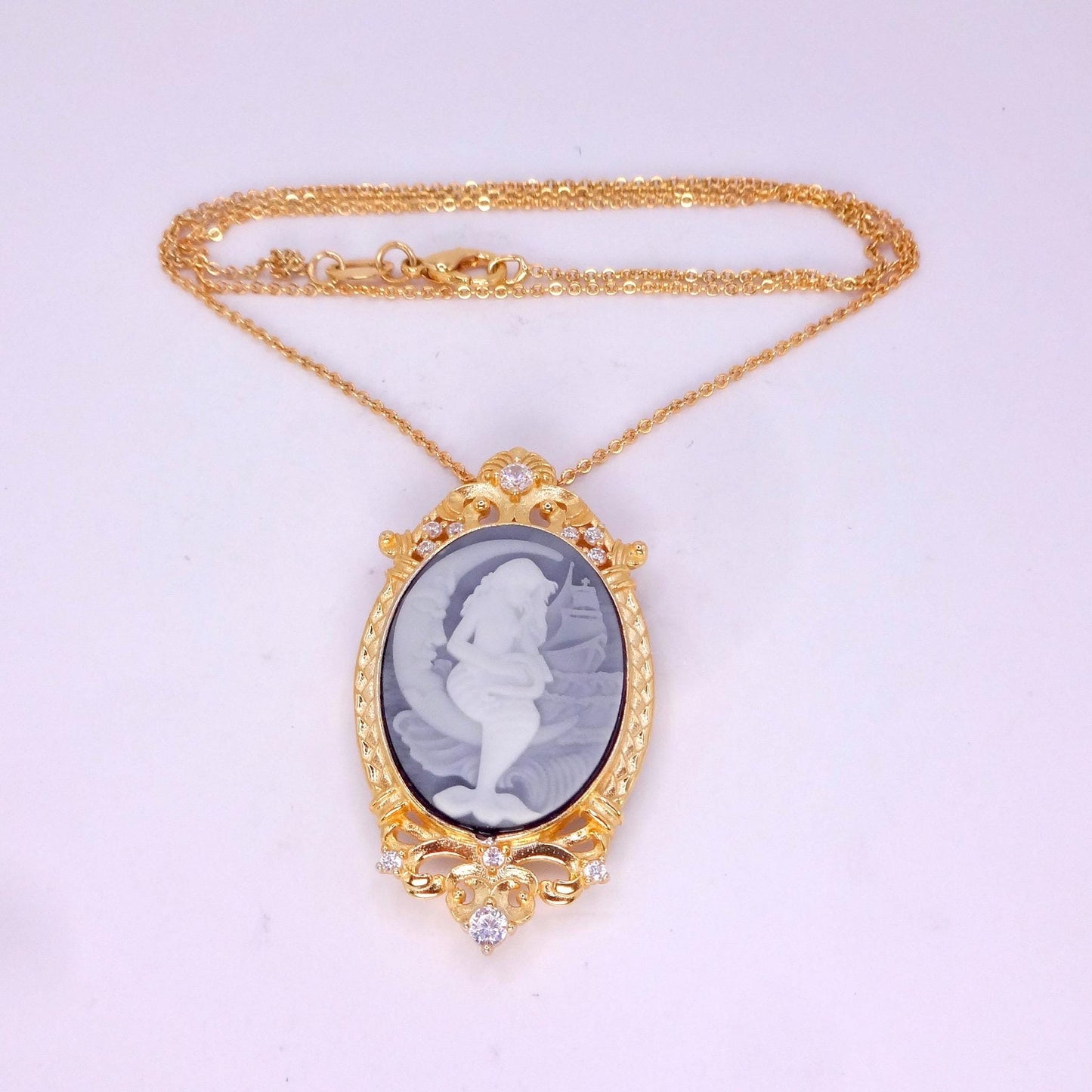 Vintage Black Onyx Mermaid Cameo Golden Sterling Silver Necklace Choker Pin