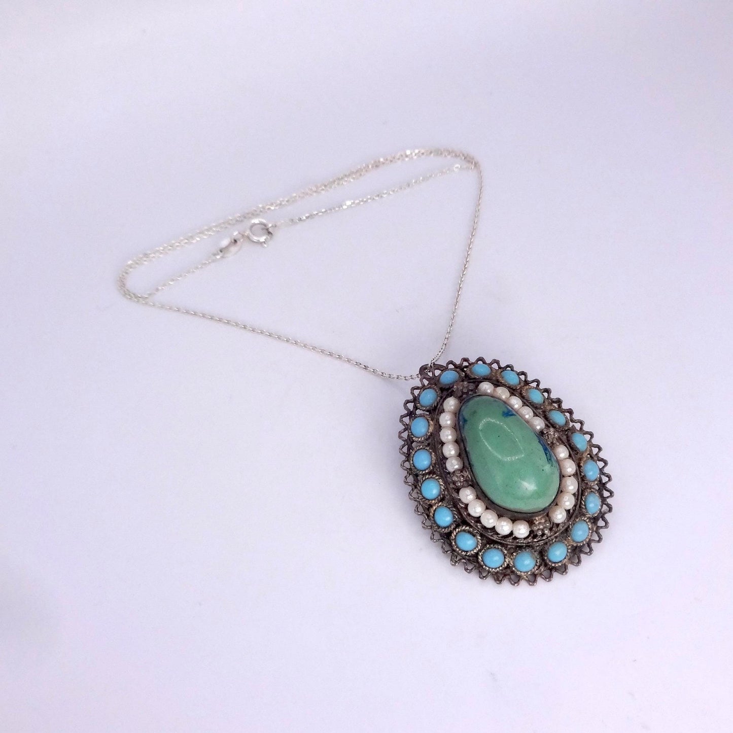 Vintage Austrio Hungarian Turquoise 925 Sterling Silver Brooch Pin Necklace