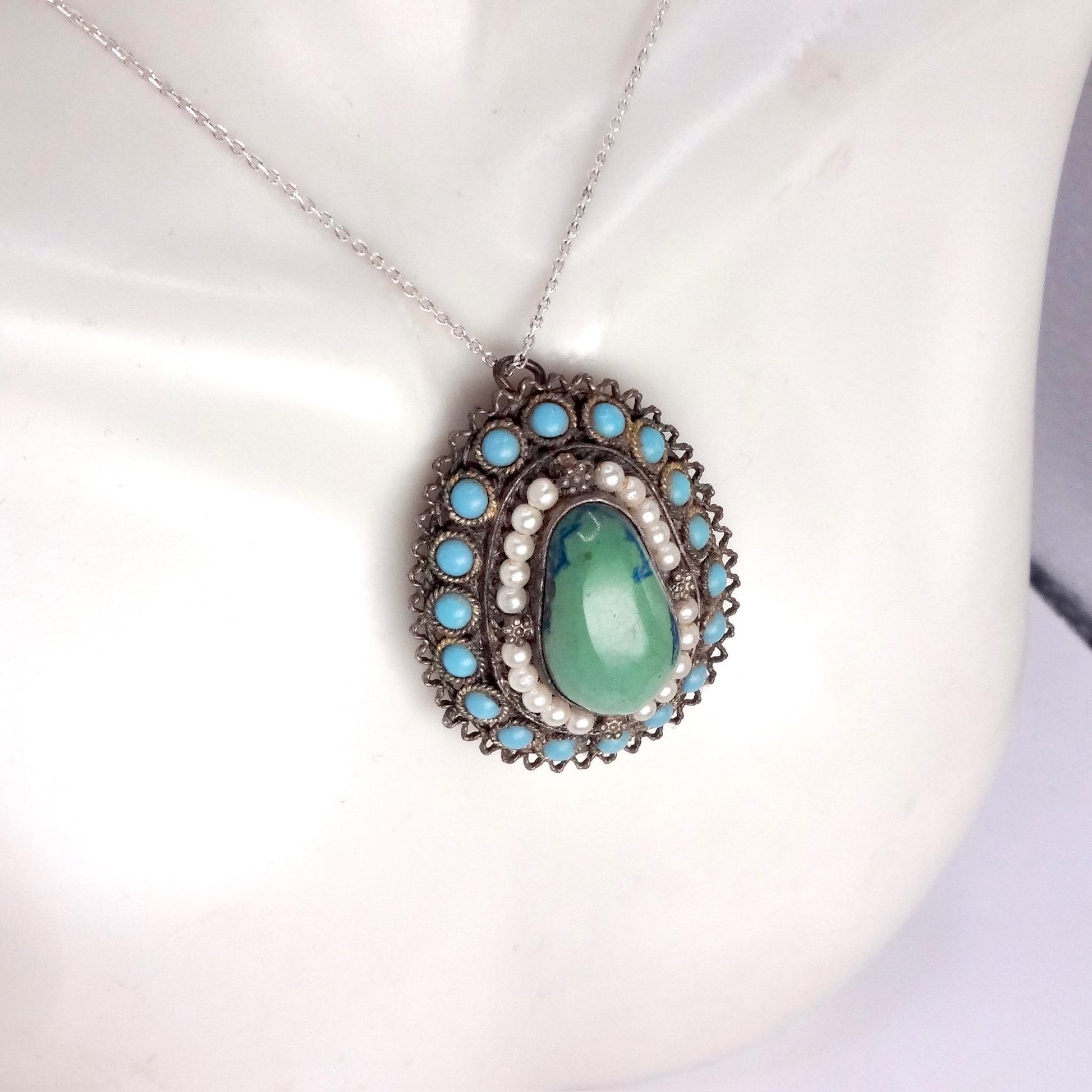 Vintage Austrio Hungarian Turquoise 925 Sterling Silver Brooch Pin Necklace