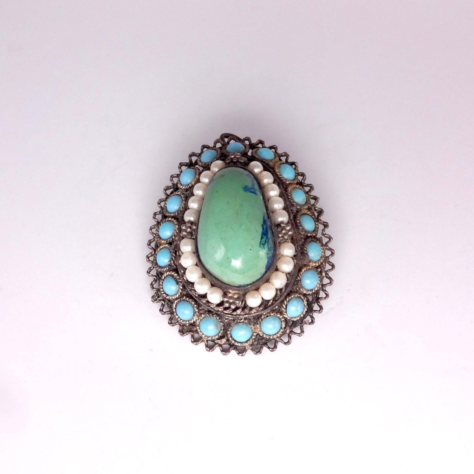 Vintage Austrio Hungarian Turquoise 925 Sterling Silver Brooch Pin Necklace