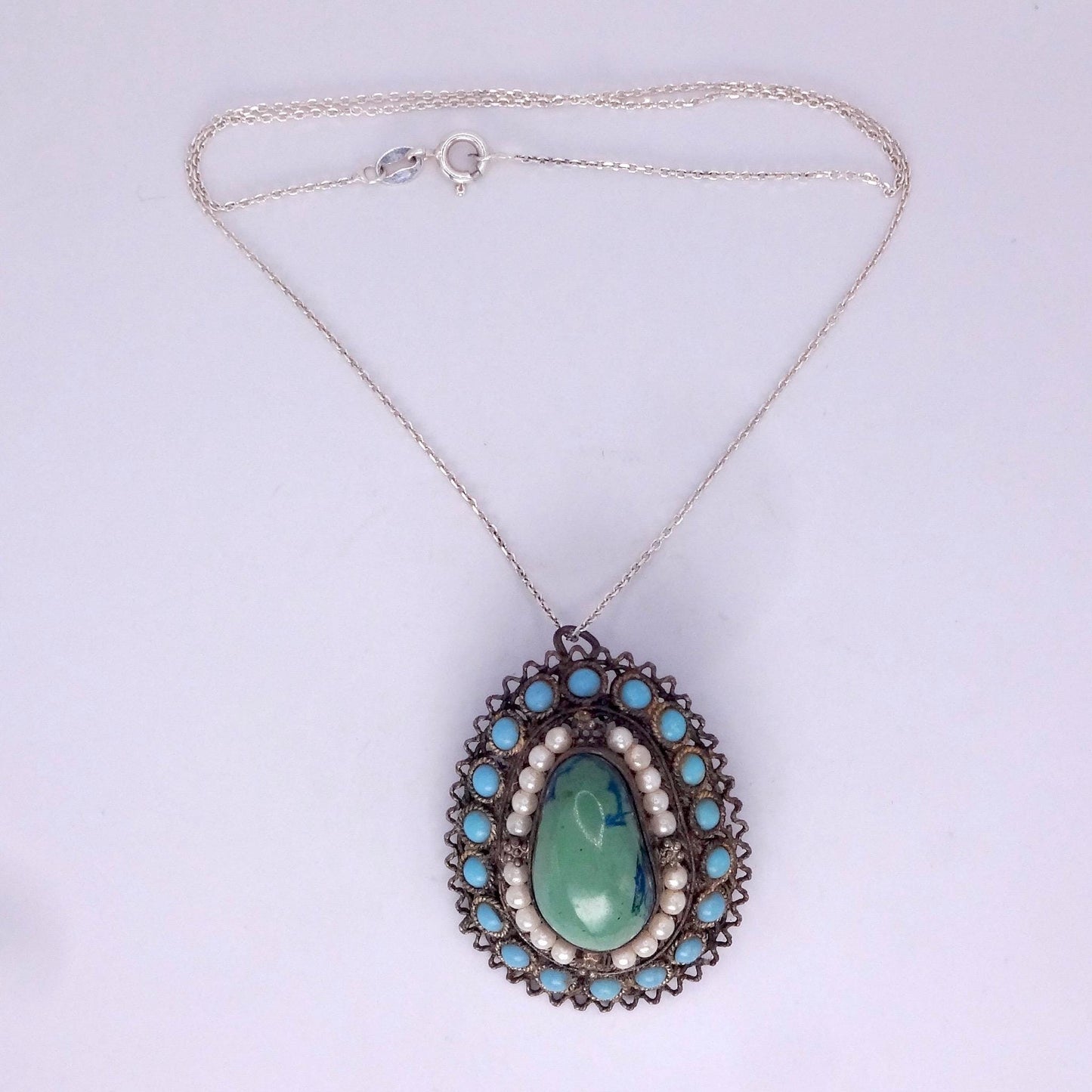 Vintage Austrio Hungarian Turquoise 925 Sterling Silver Brooch Pin Necklace