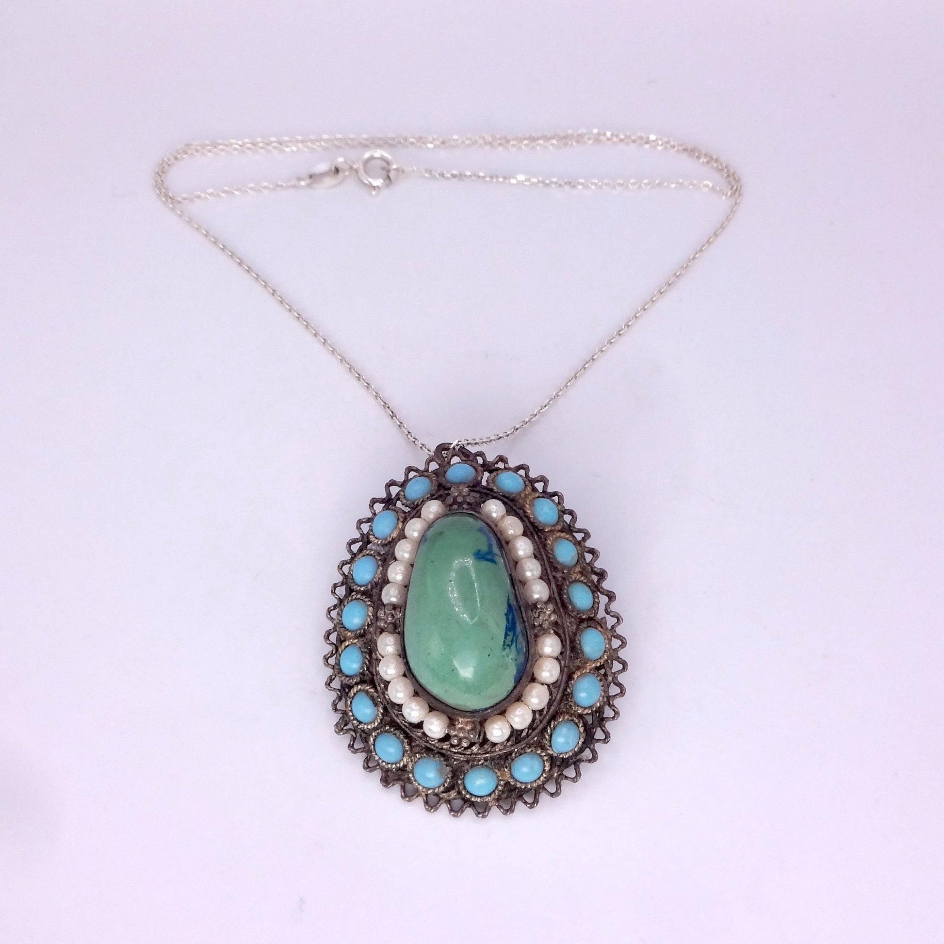Vintage Austrio Hungarian Turquoise 925 Sterling Silver Brooch Pin Necklace
