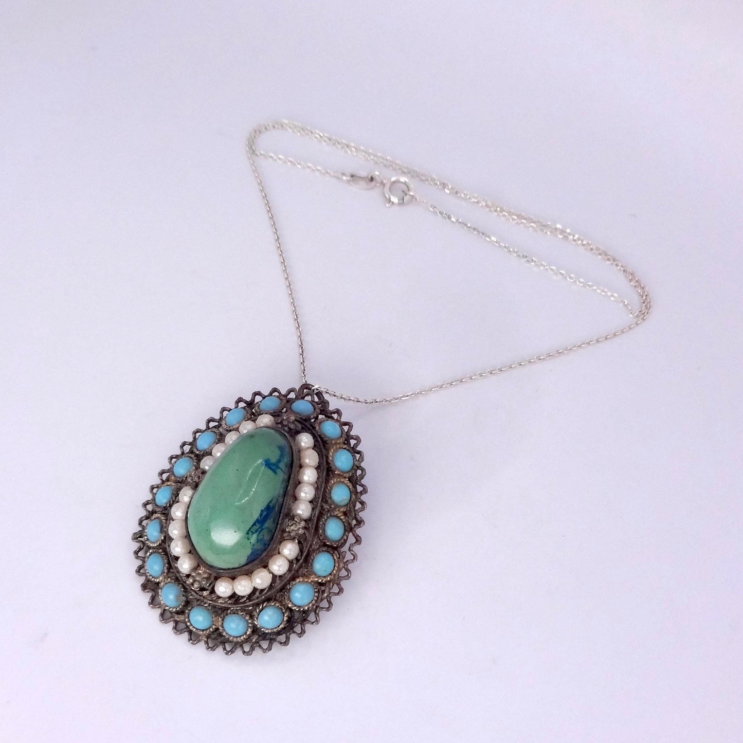 Vintage Austrio Hungarian Turquoise 925 Sterling Silver Brooch Pin Necklace