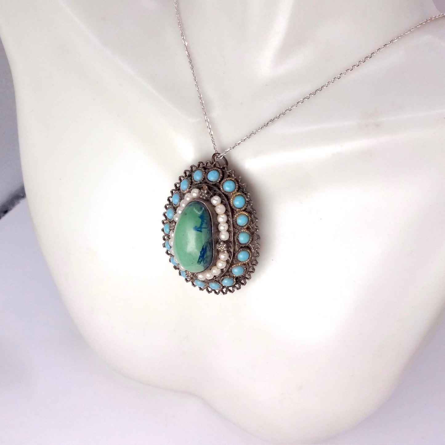 Vintage Austrio Hungarian Turquoise 925 Sterling Silver Brooch Pin Necklace