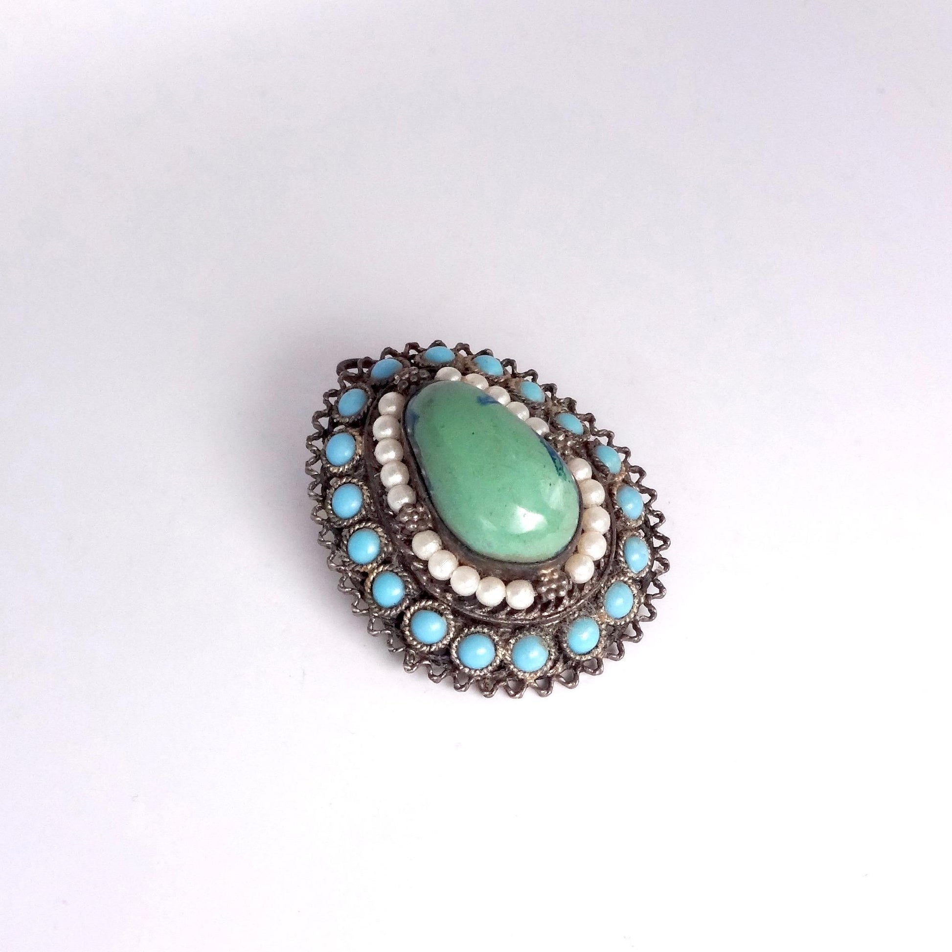 Vintage Austrio Hungarian Turquoise 925 Sterling Silver Brooch Pin Necklace