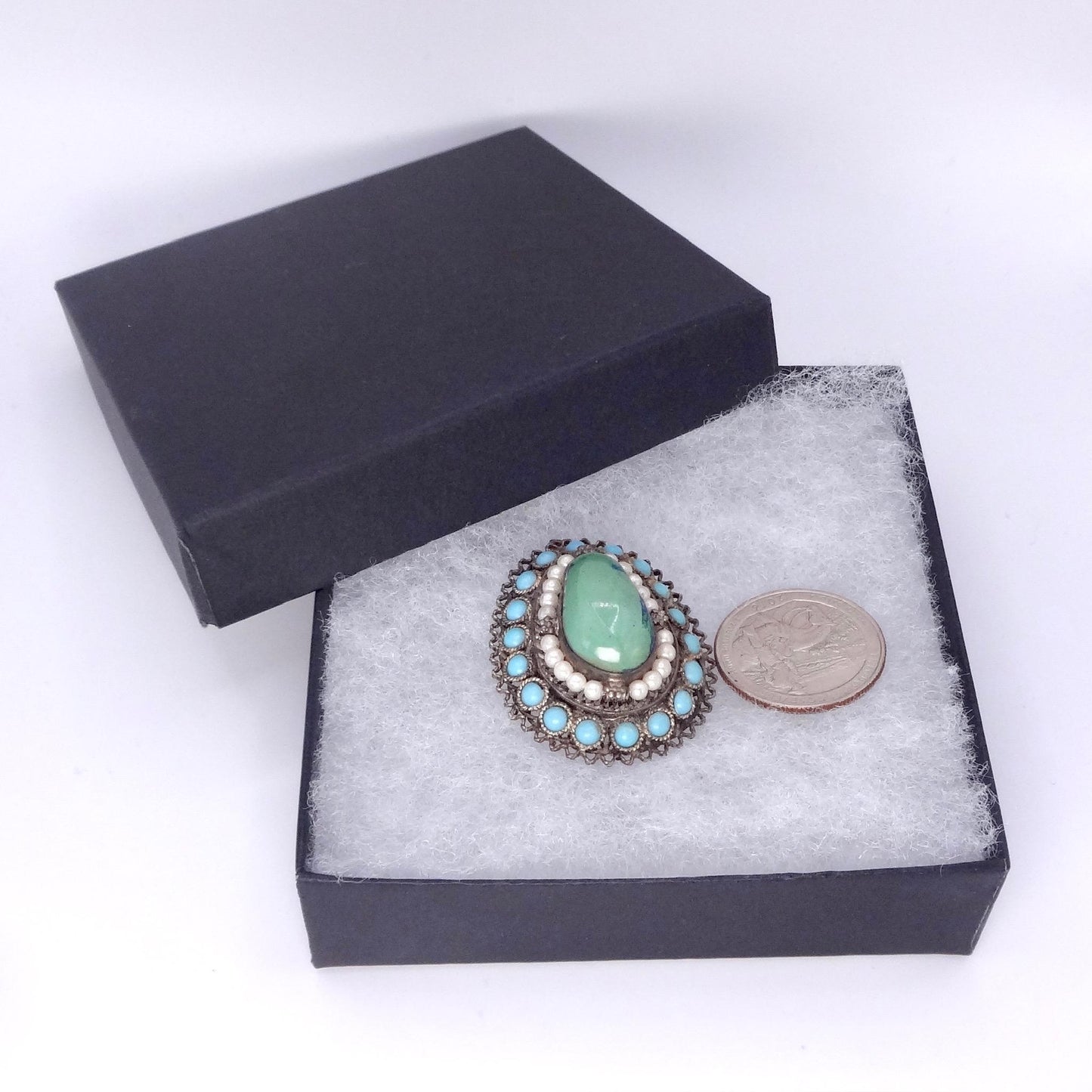 Vintage Austrio Hungarian Turquoise 925 Sterling Silver Brooch Pin Necklace