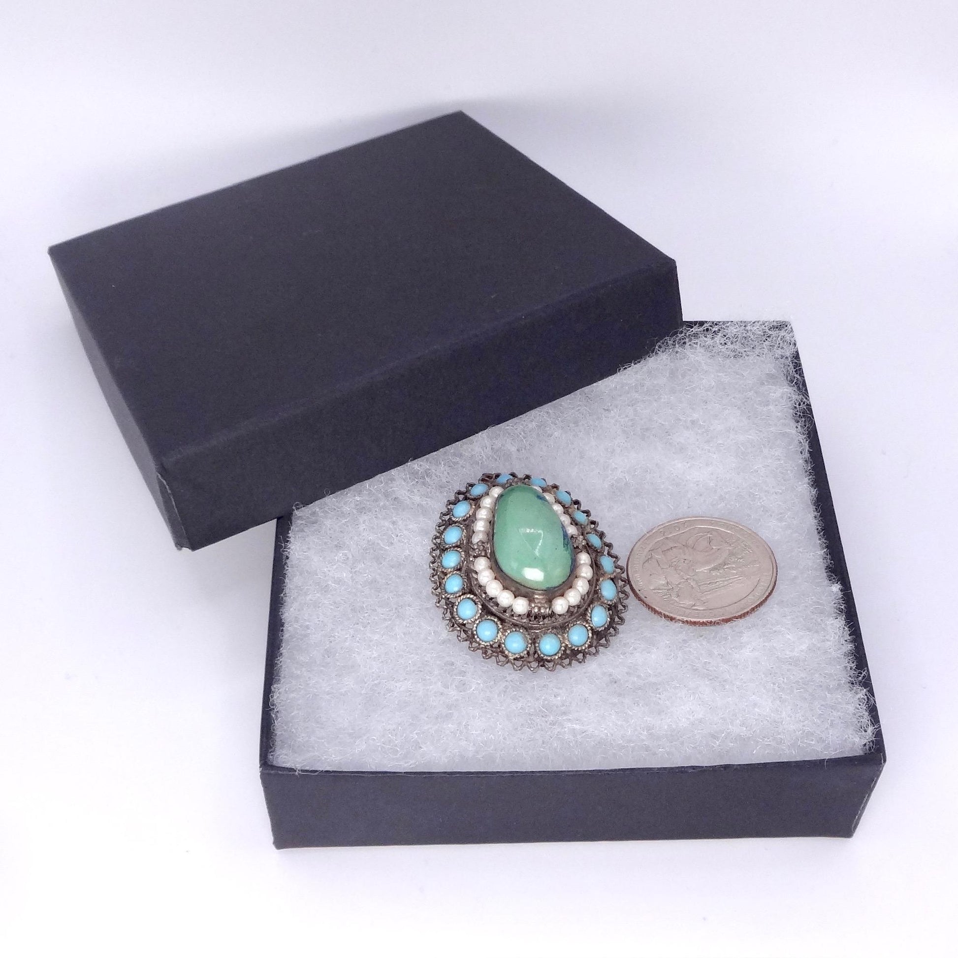 Vintage Austrio Hungarian Turquoise 925 Sterling Silver Brooch Pin Necklace