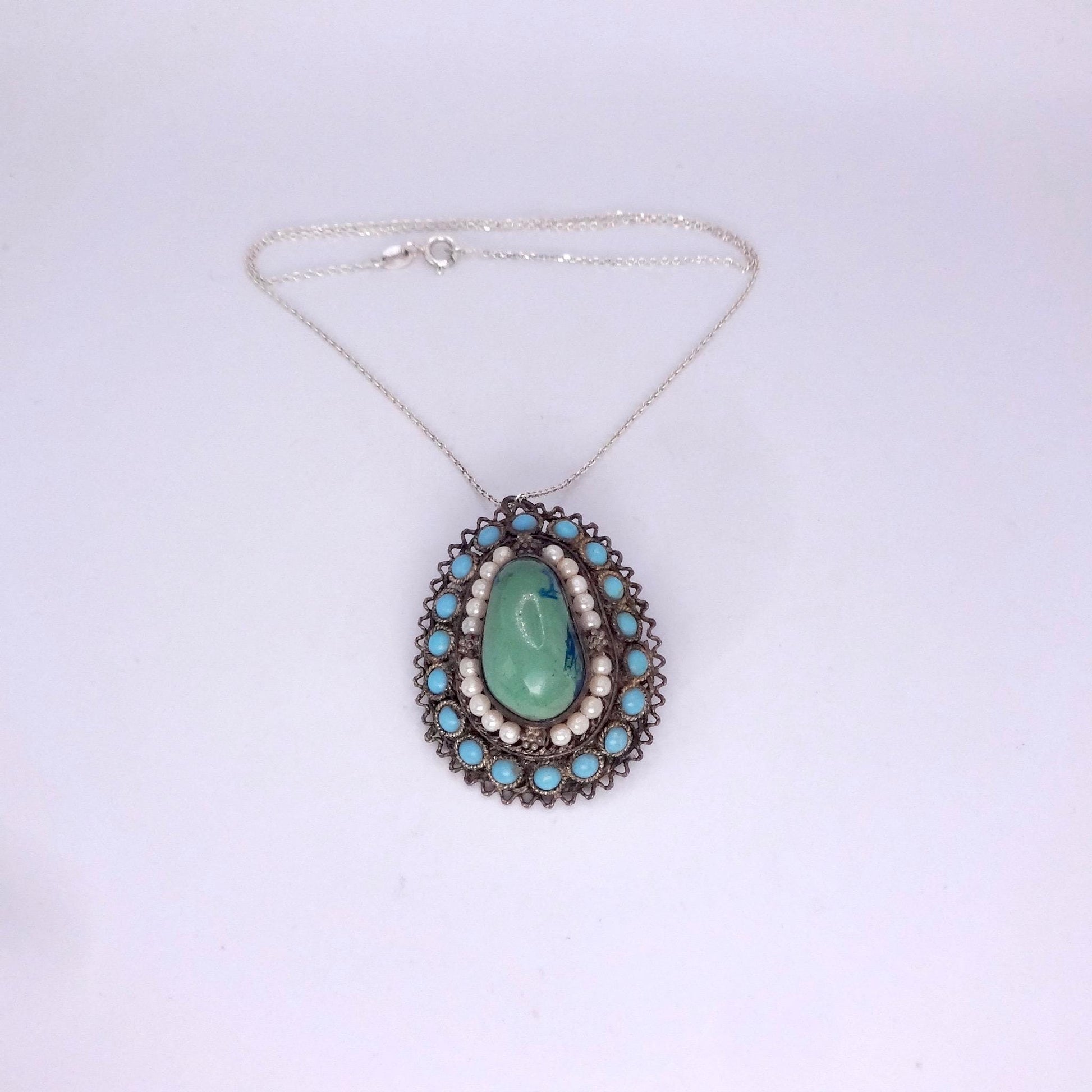 Vintage Austrio Hungarian Turquoise 925 Sterling Silver Brooch Pin Necklace