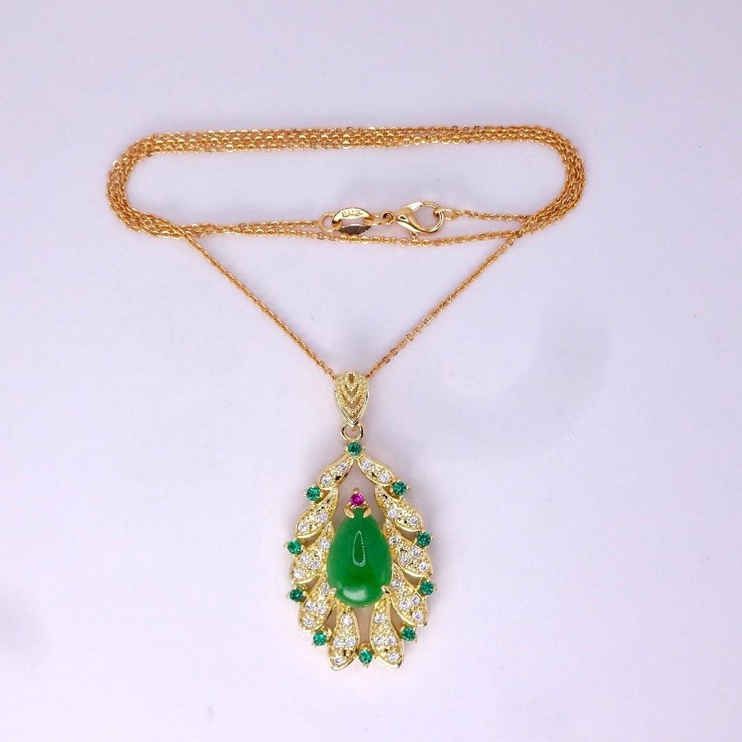 Vintage Green Jade Yellow Golden Filled Lucky Necklace