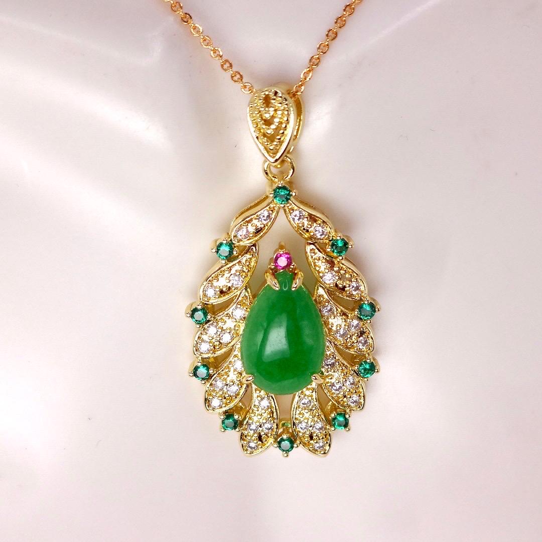 Vintage Green Jade Yellow Golden Filled Lucky Necklace