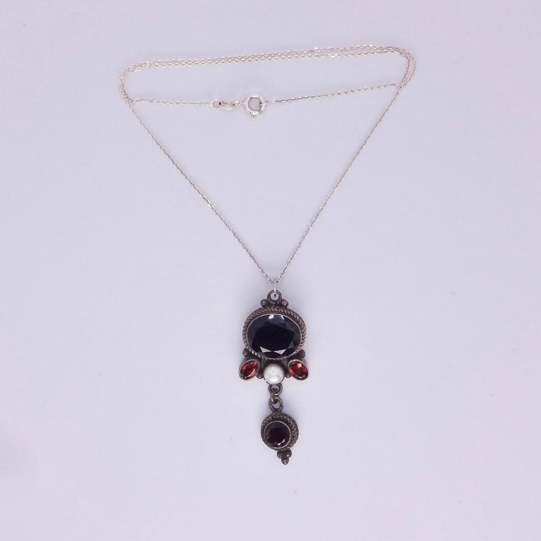 Vintage 925 Sterling Silver Red Garnet Antique Pendant Necklace Choker