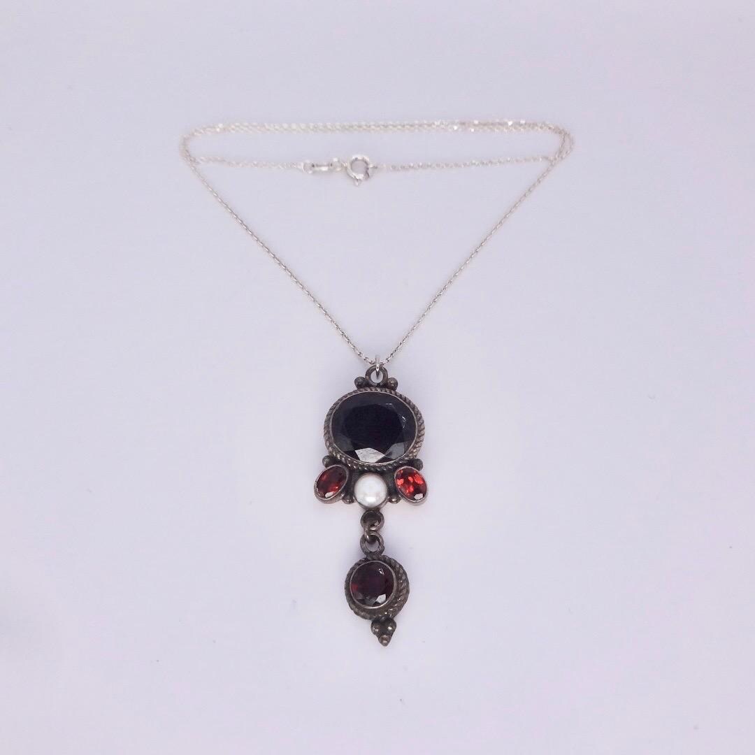 Vintage 925 Sterling Silver Red Garnet Antique Pendant Necklace Choker