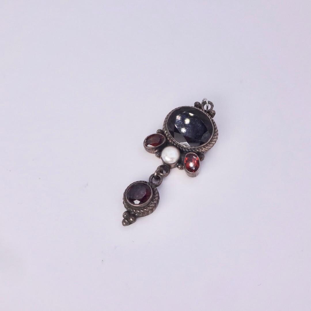 Vintage 925 Sterling Silver Red Garnet Antique Pendant Necklace Choker