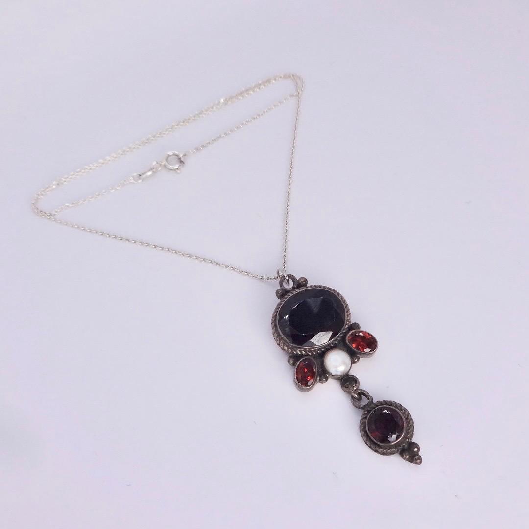 Vintage 925 Sterling Silver Red Garnet Antique Pendant Necklace Choker
