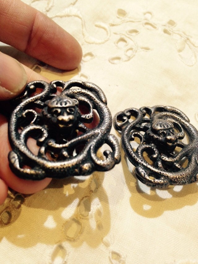 Handmade Antique Vintage Asian Snake Sterling Silver clip on button earrings