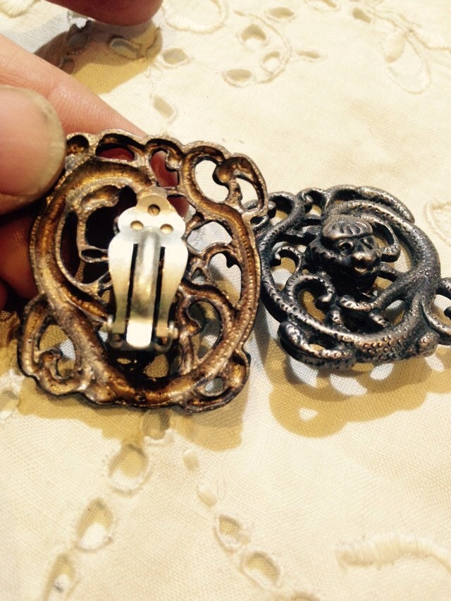 Handmade Antique Vintage Asian Snake Sterling Silver clip on button earrings