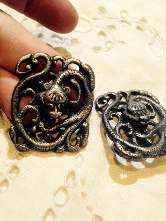 Handmade Antique Vintage Asian Snake Sterling Silver clip on button earrings