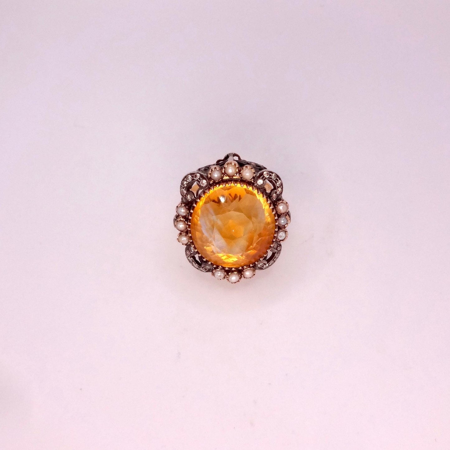 Vintage Golden Citrine White Pearl and Diamond Gold 925 Sterling Silver Ring