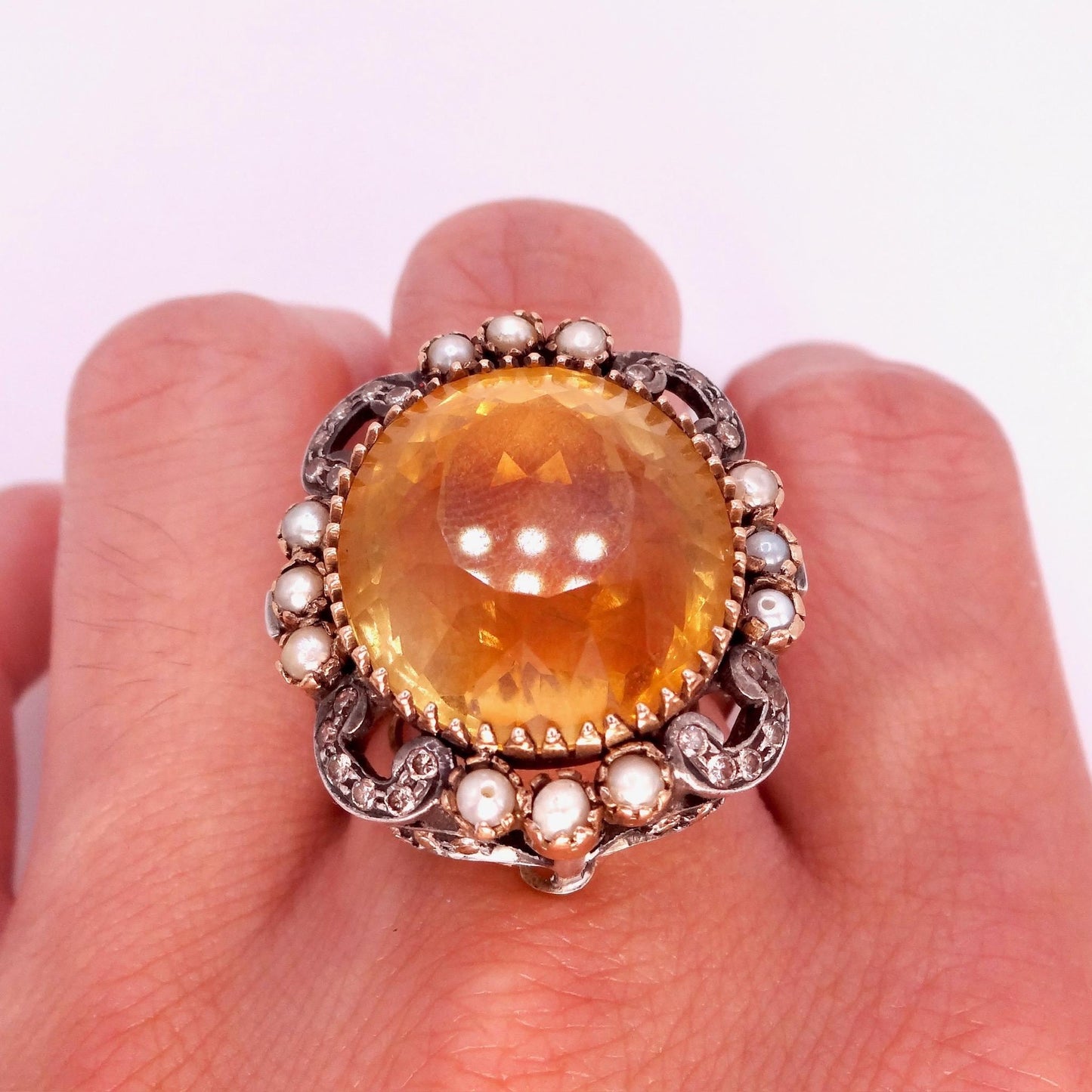 Vintage Golden Citrine White Pearl and Diamond Gold 925 Sterling Silver Ring