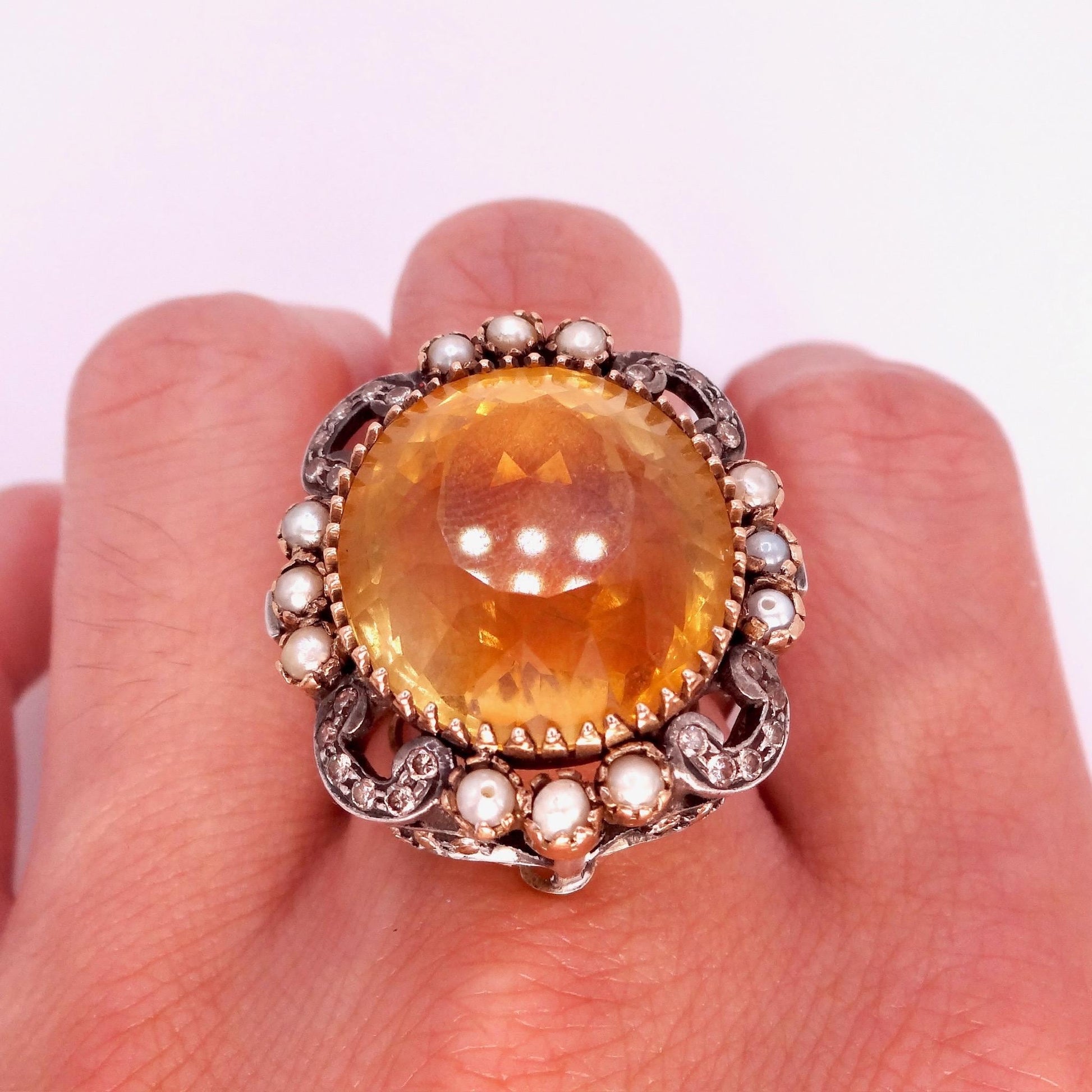 Vintage Golden Citrine White Pearl and Diamond Gold 925 Sterling Silver Ring