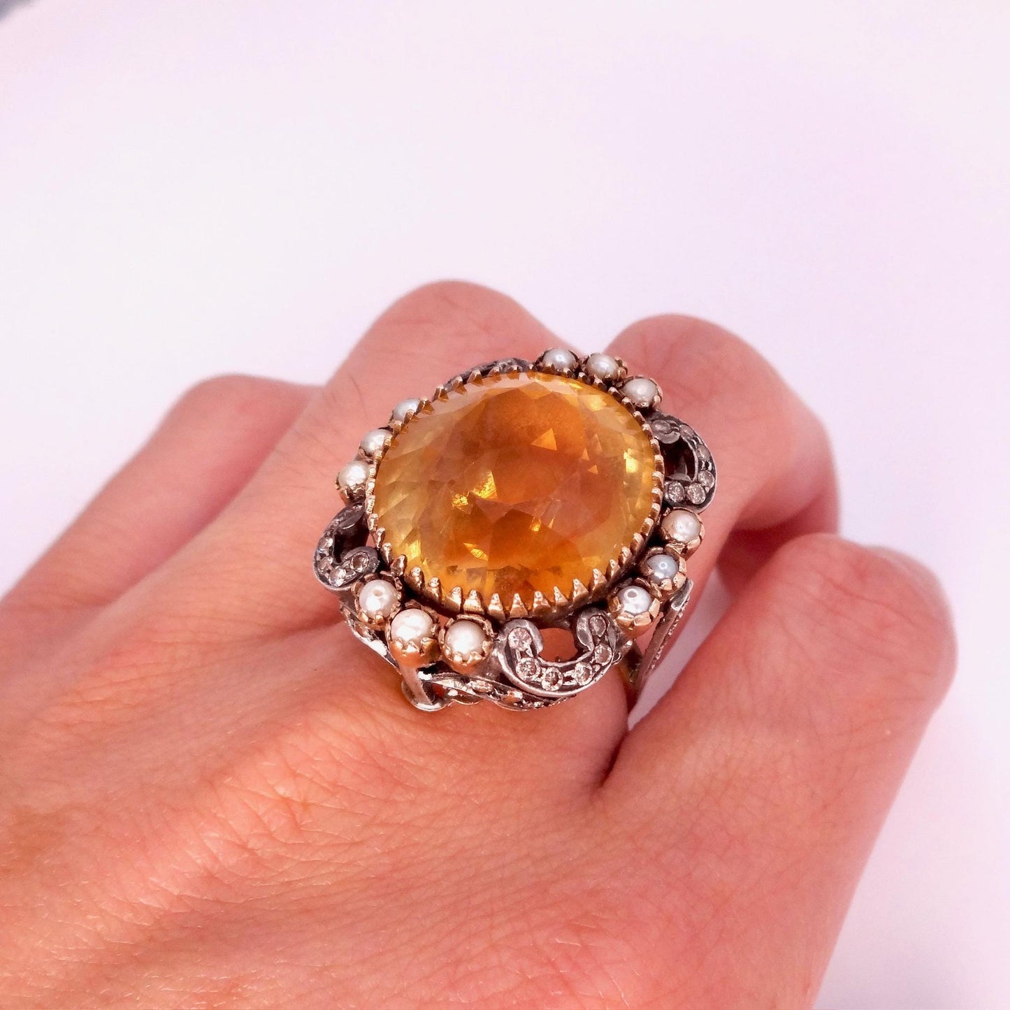 Vintage Golden Citrine White Pearl and Diamond Gold 925 Sterling Silver Ring