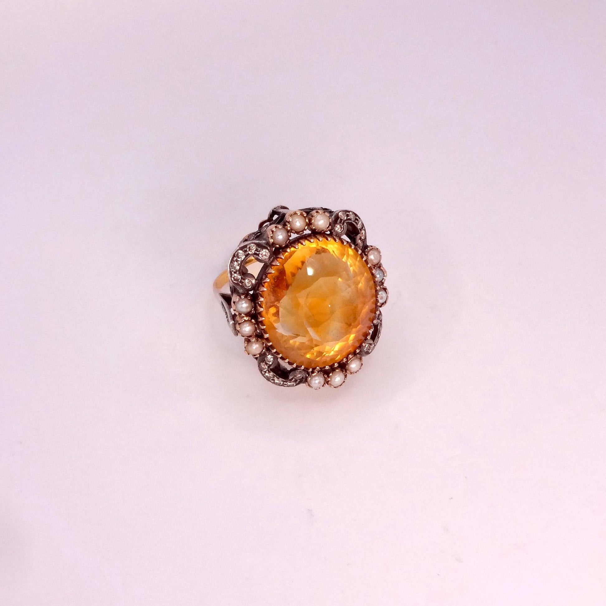 Vintage Golden Citrine White Pearl and Diamond Gold 925 Sterling Silver Ring