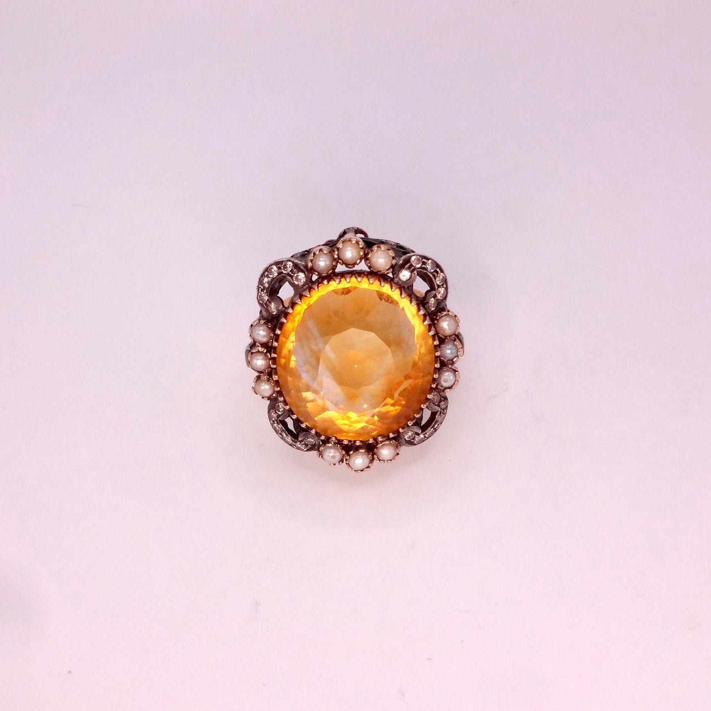 Vintage Golden Citrine White Pearl and Diamond Gold 925 Sterling Silver Ring
