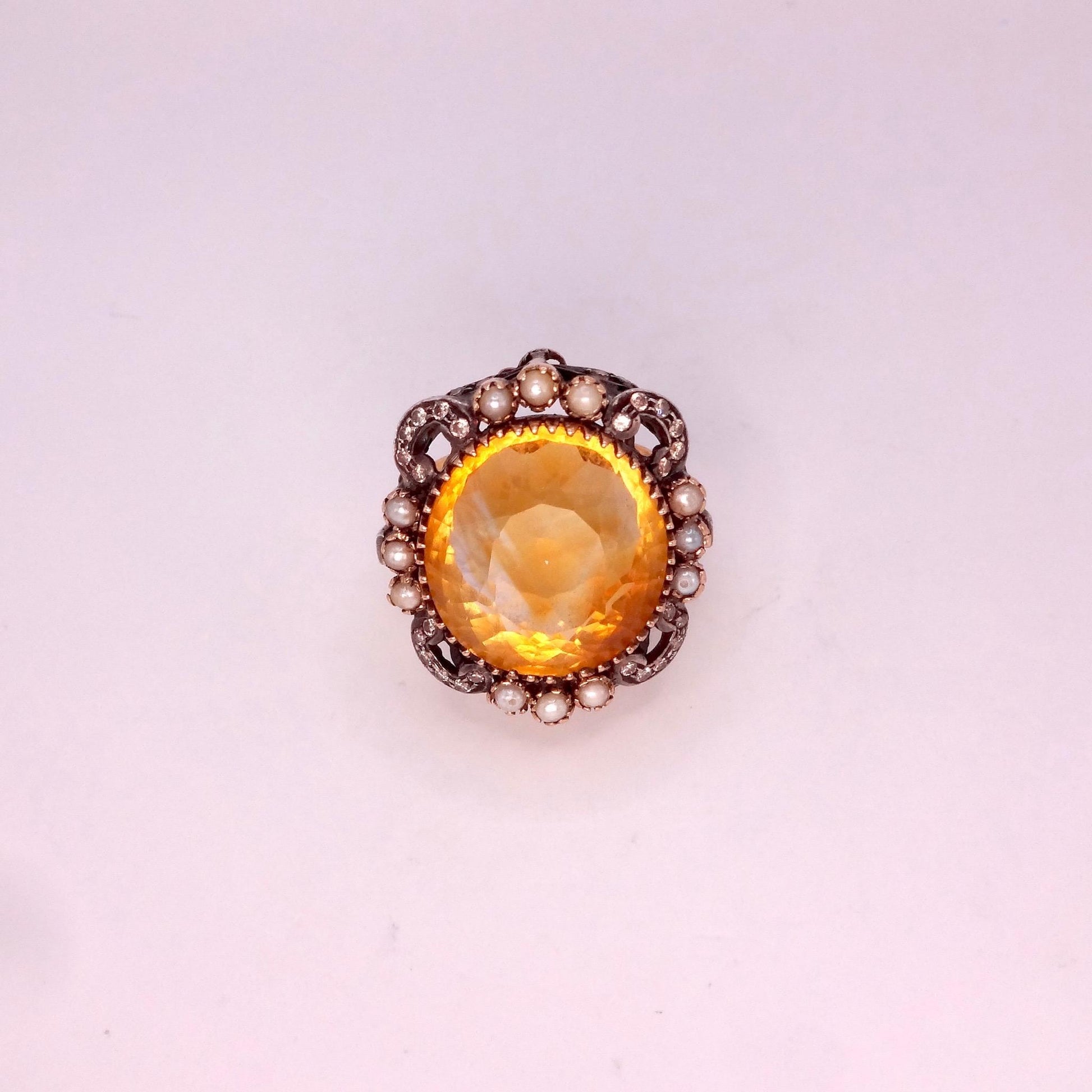 Vintage Golden Citrine White Pearl and Diamond Gold 925 Sterling Silver Ring