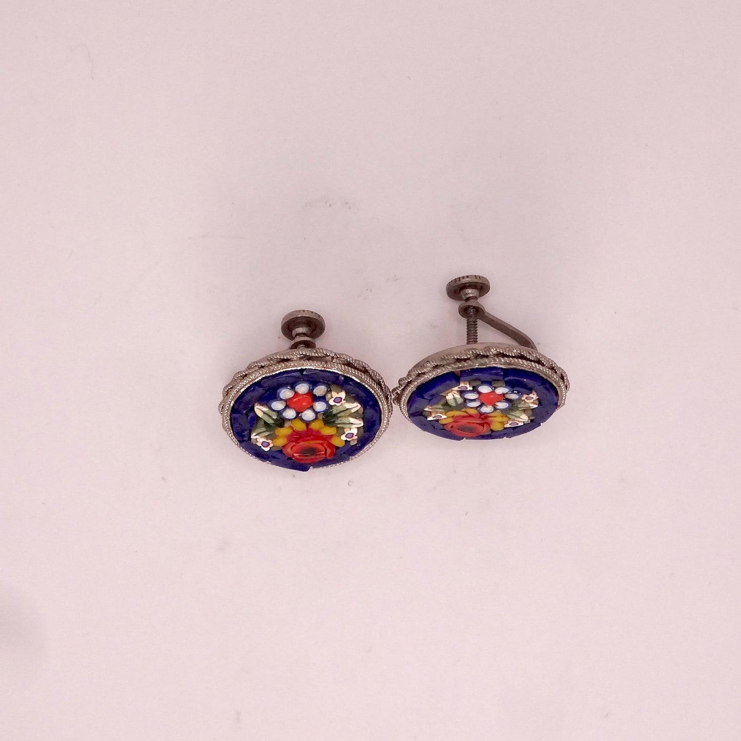 Vintage Blue Mosaic Flower Golden filled Screw Back Earrings