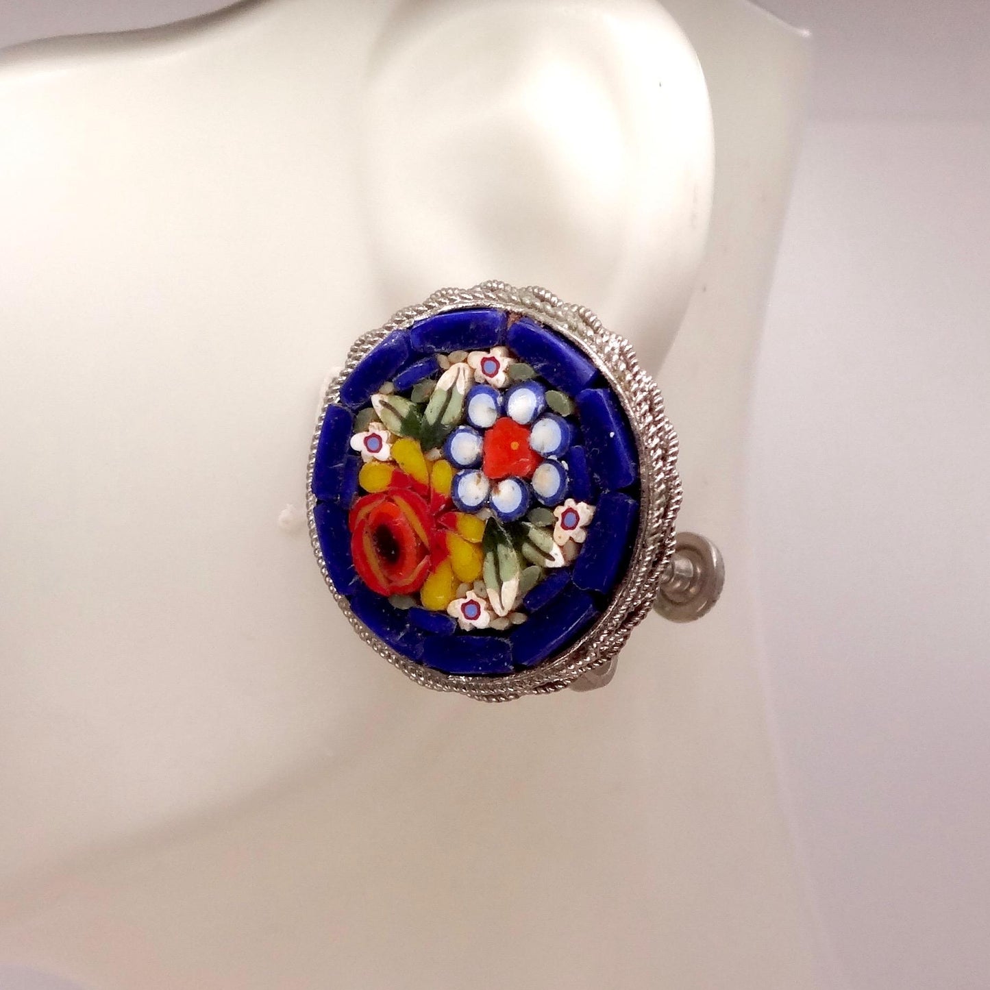 Vintage Blue Mosaic Flower Golden filled Screw Back Earrings